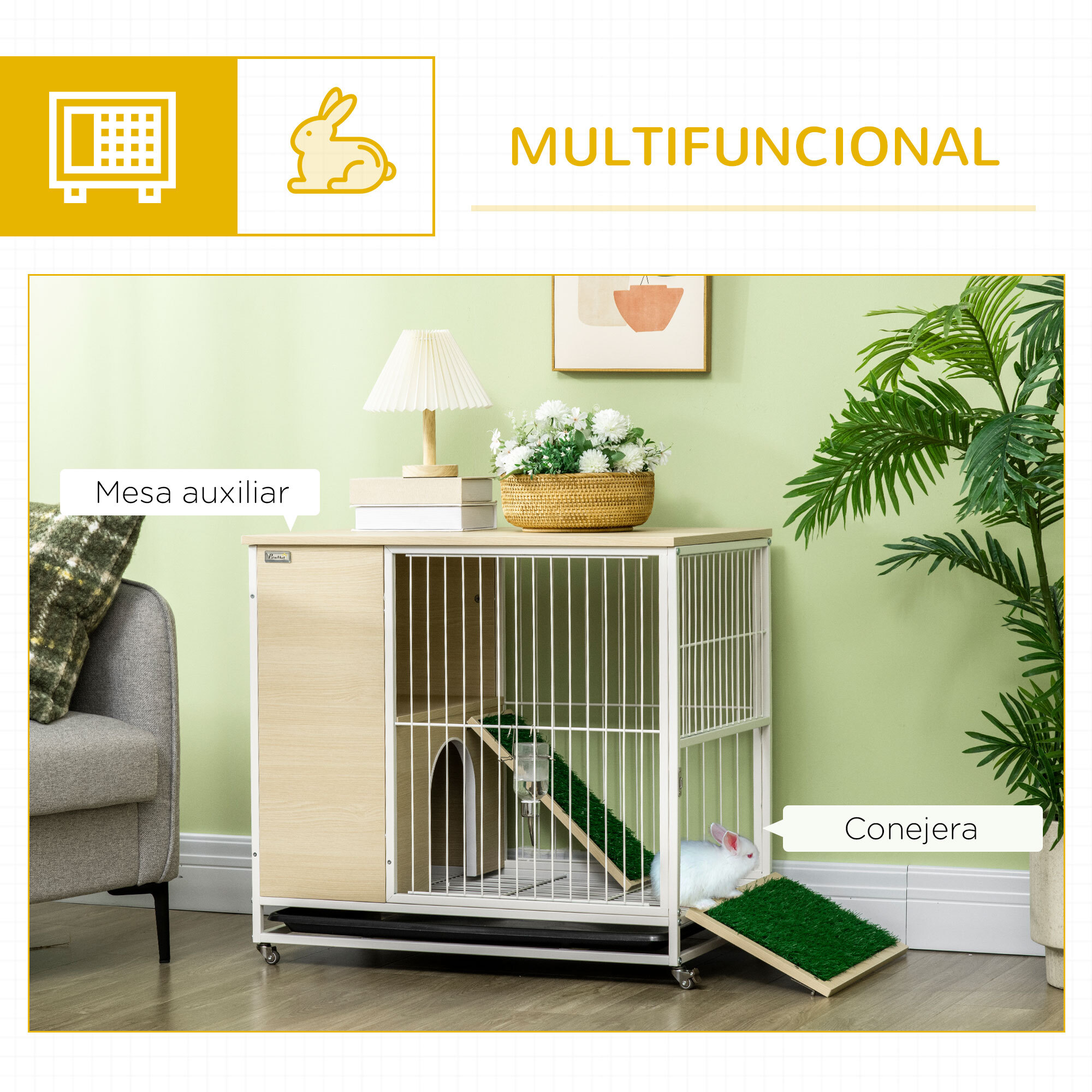 Conejera de Madera con Ruedas Mueble Conejera de Interior 78x52,5x76,5 cm Superficie Mesa Auxiliar con Techo Abrible Corral Bandeja Extraíble Bebedero y Rampa Roble