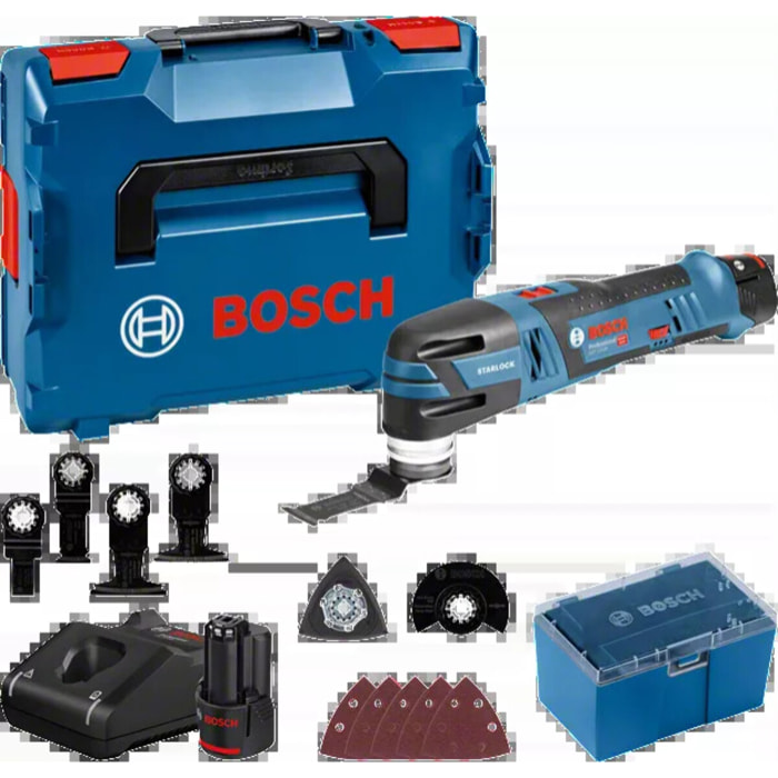 Découpeur-ponceur BOSCH GOP 12V 28 - 2 batteries 12V 3.0 Ah, chargeur, coffret + 6 lames de scies et 5 abrasifs - 06018B5006