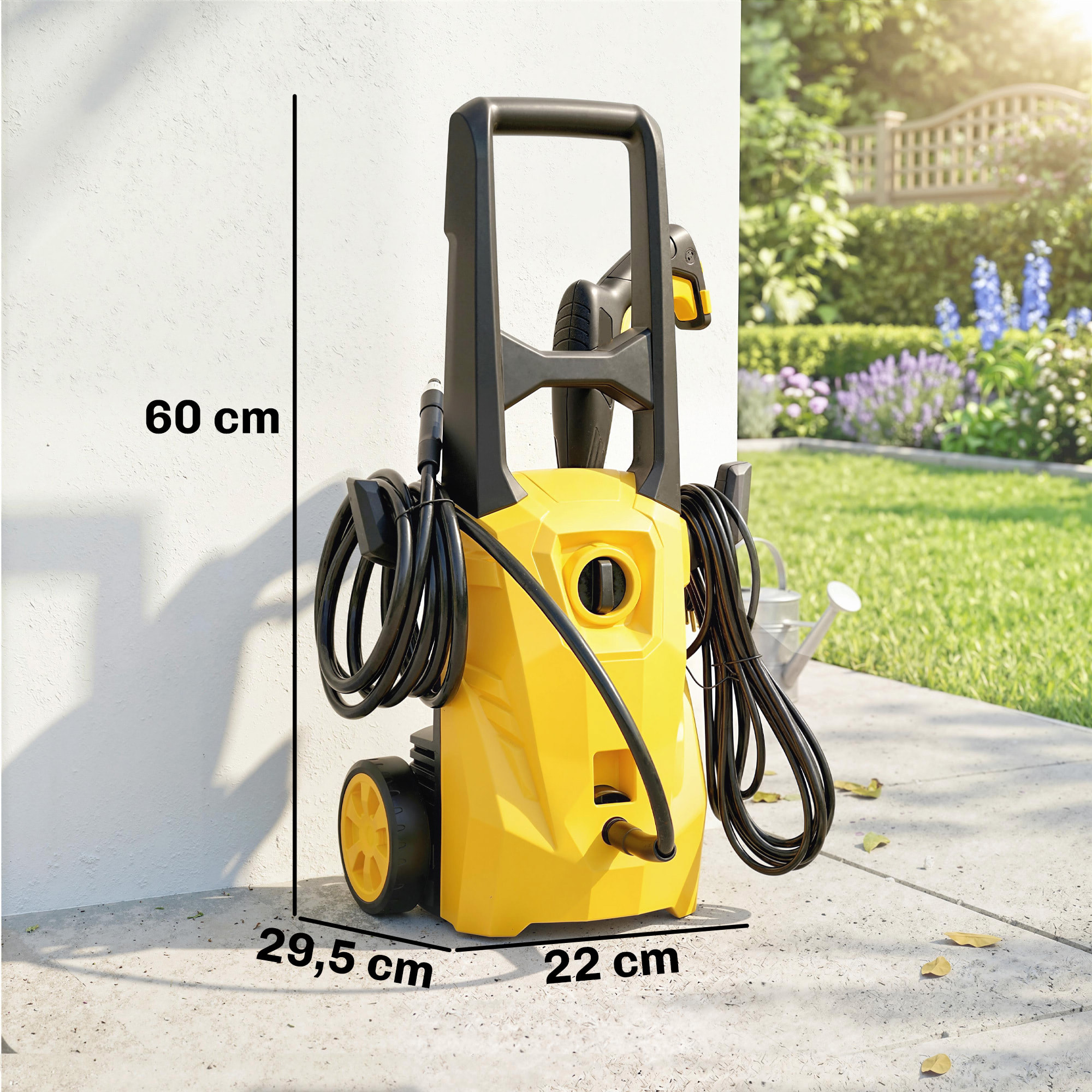 Hidrolimpiadora de Alta Presión 1600W, Presión 120 Bar, Caudal 390 L/h, con Bomba de Aluminio, Parada Automática, Manguera 3 m, Boquilla Ajustable, Ruedas para Hogar, Jardín, Coche, Amarillo