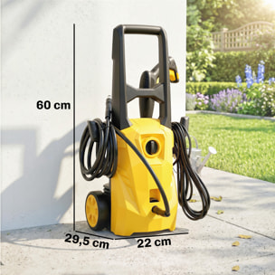 Hidrolimpiadora de Alta Presión 1600W, Presión 120 Bar, Caudal 390 L/h, con Bomba de Aluminio, Parada Automática, Manguera 3 m, Boquilla Ajustable, Ruedas para Hogar, Jardín, Coche, Amarillo