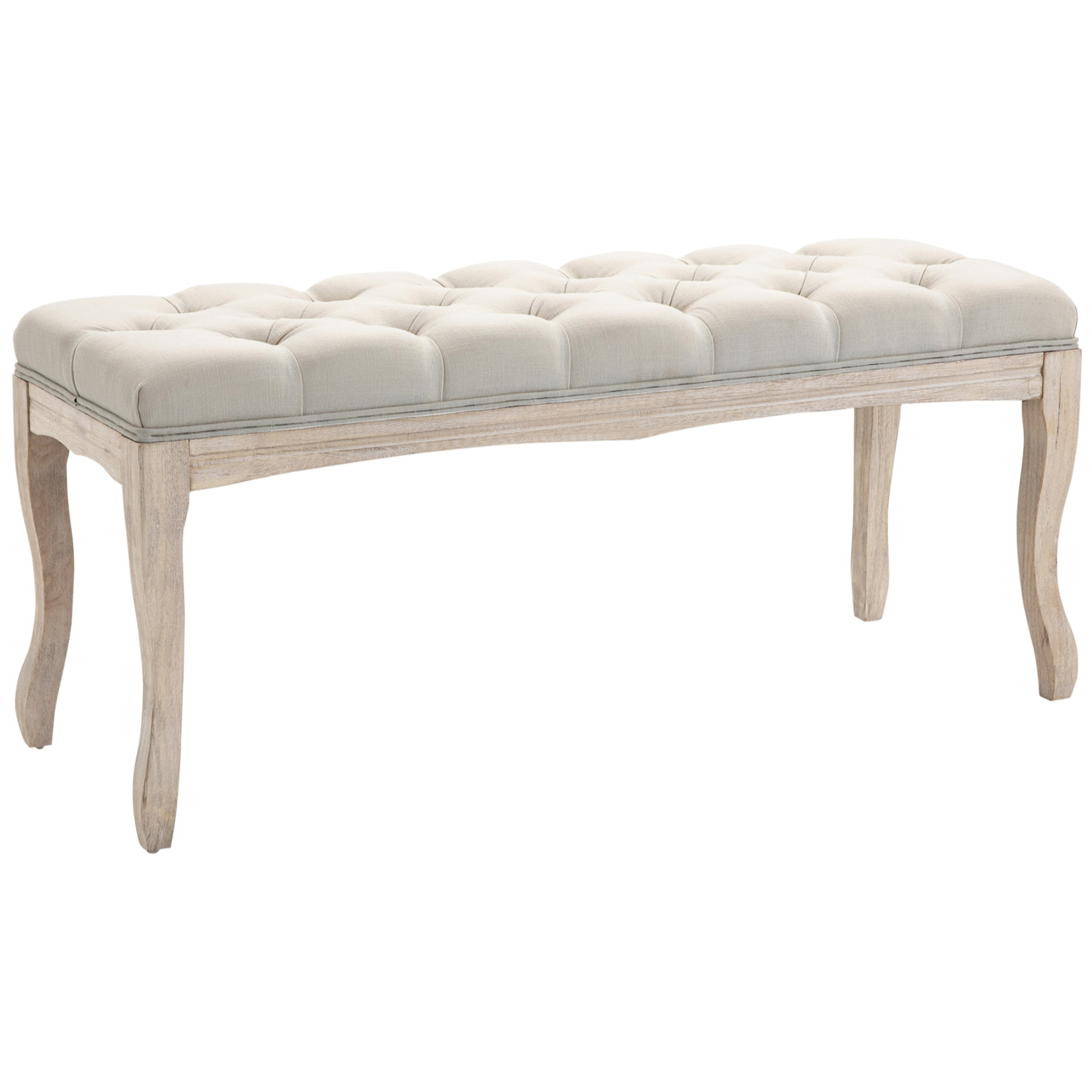 Banc banquette capitonnée style classique chic dim. 110L x 40l x 48H cm piètement bois hévéa sculpté lin beige