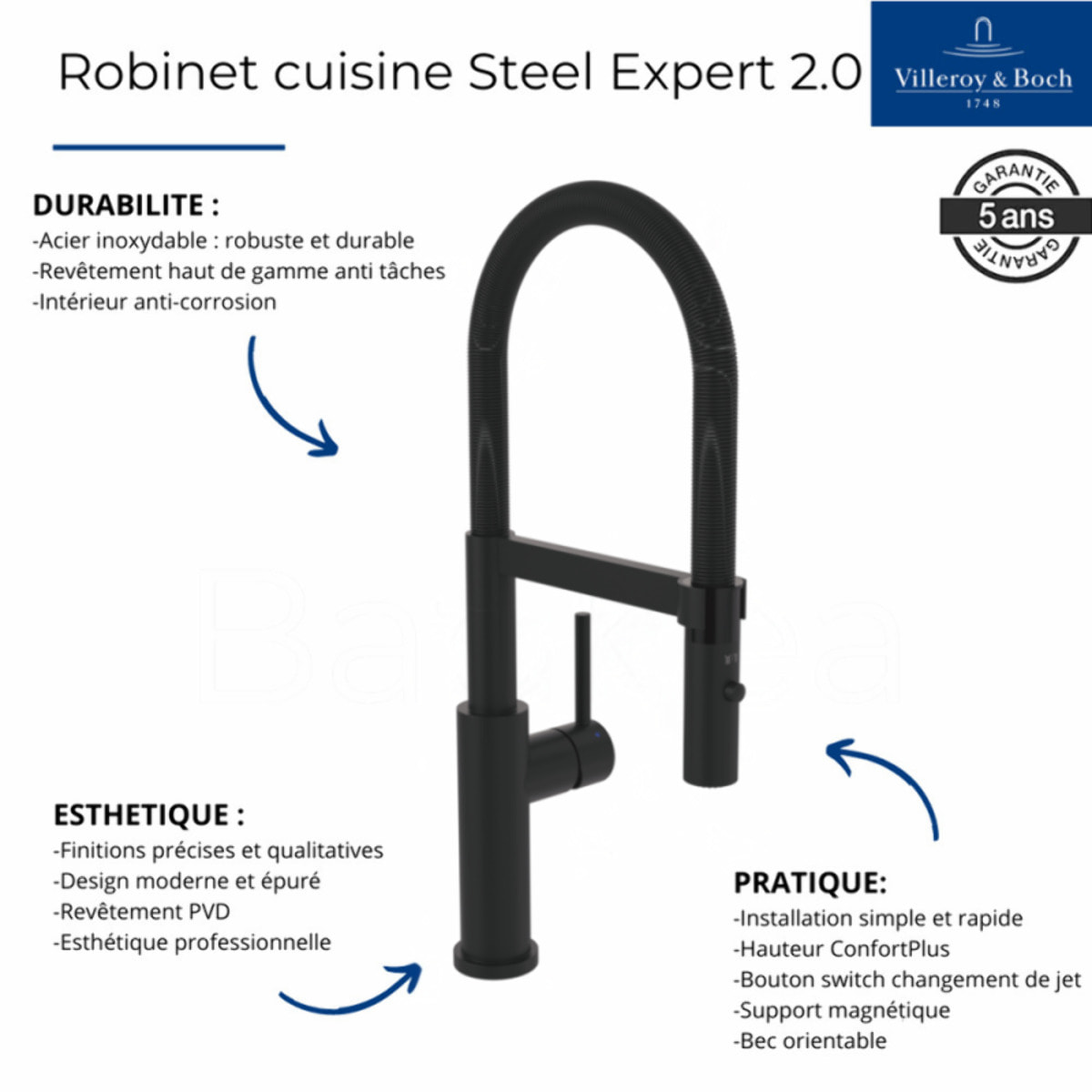 Robinet cuisine semi-pro Steel expert 2.0 noir mat