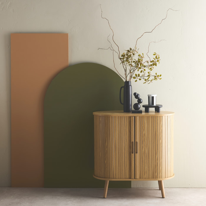 Buffet portes 2 coulissantes avec étagère. effet bois rainuré. buffet bas. L 80 x P 40 x H 80cm