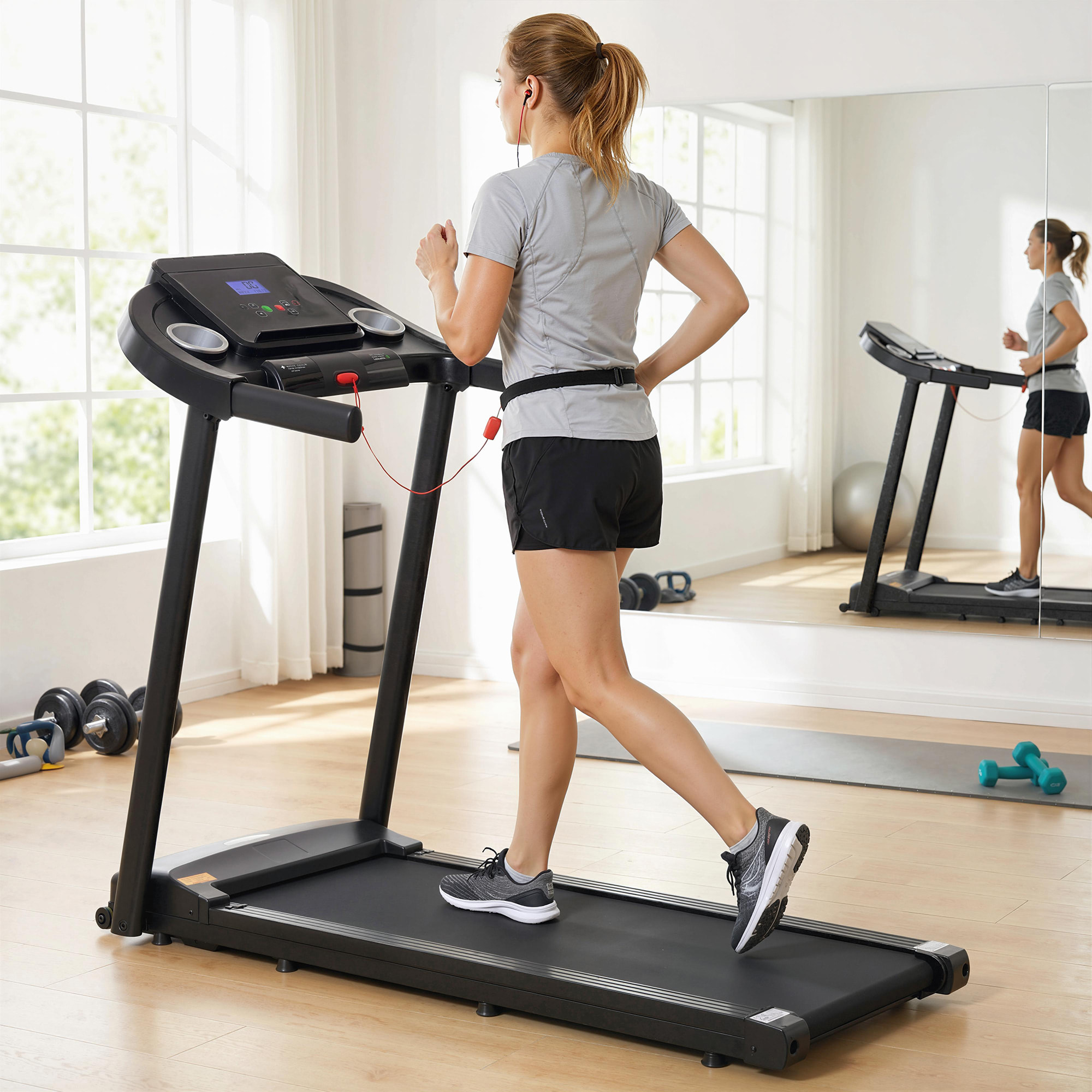 Cinta de Correr para Casa, 1-12 KM/H 1,5HP, Andar Caminadora Eléctrica con 12 Programas Preestablecidos, Ruedas, Pantalla LED, Soporte para Móvil, 2 Portavasos para Gimnasio en Hogar y Oficina