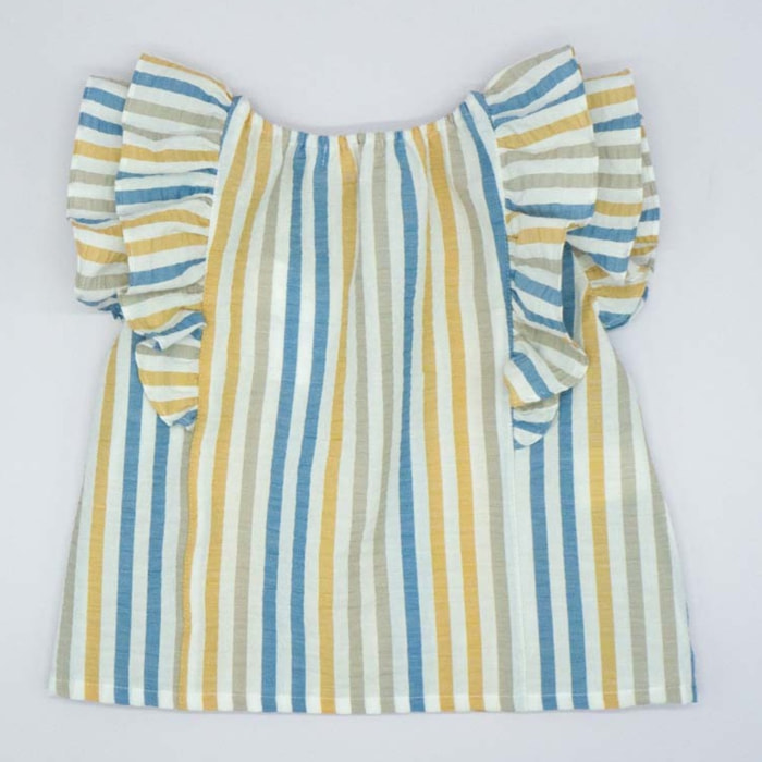 BLUSA CON DOBLE VOLANTE RAYA AZUL BEIGE Y AMARILLA