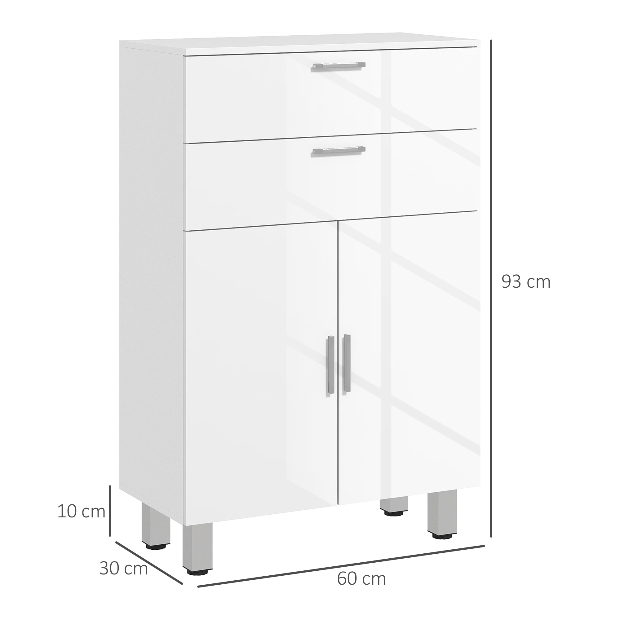 Mueble Auxiliar Baño Moderno Armario de Baño con 2 Cajones Armario y Estantes Ajustables Mueble de Almacenaje para Salón Dormitorio Antivuelco Carga 35 kg 60x30x93 cm Blanco Brillante