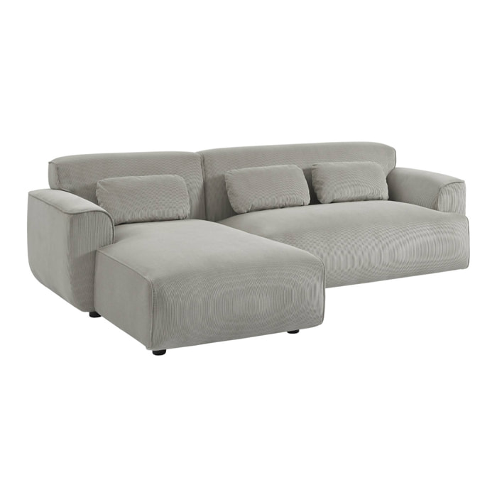 Canapé d'angle gauche. 2 à 3 places. velours côtelé gris clair. Wallas L 196 x P 151 / 91 / x H 73cm