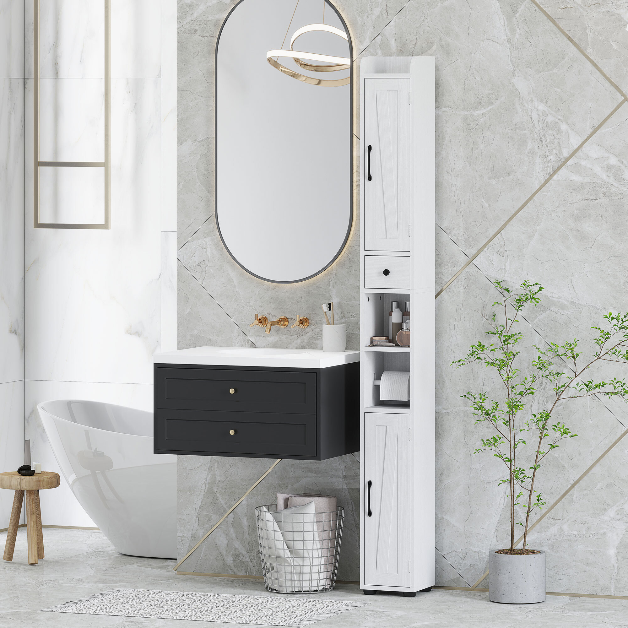 Columna de Baño Estrecha con 2 Puertas Armario Alto de Baño Rústico con Cajón Compartimento Abierto Estantes Ajustables y Portarrollos 20x20x185 cm Blanco