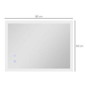 Miroir mural lumineux LED de salle de bain - 80 x 60 cm - avec 3 couleurs, luminosité réglable interrupteur tactile système antibuée transparent