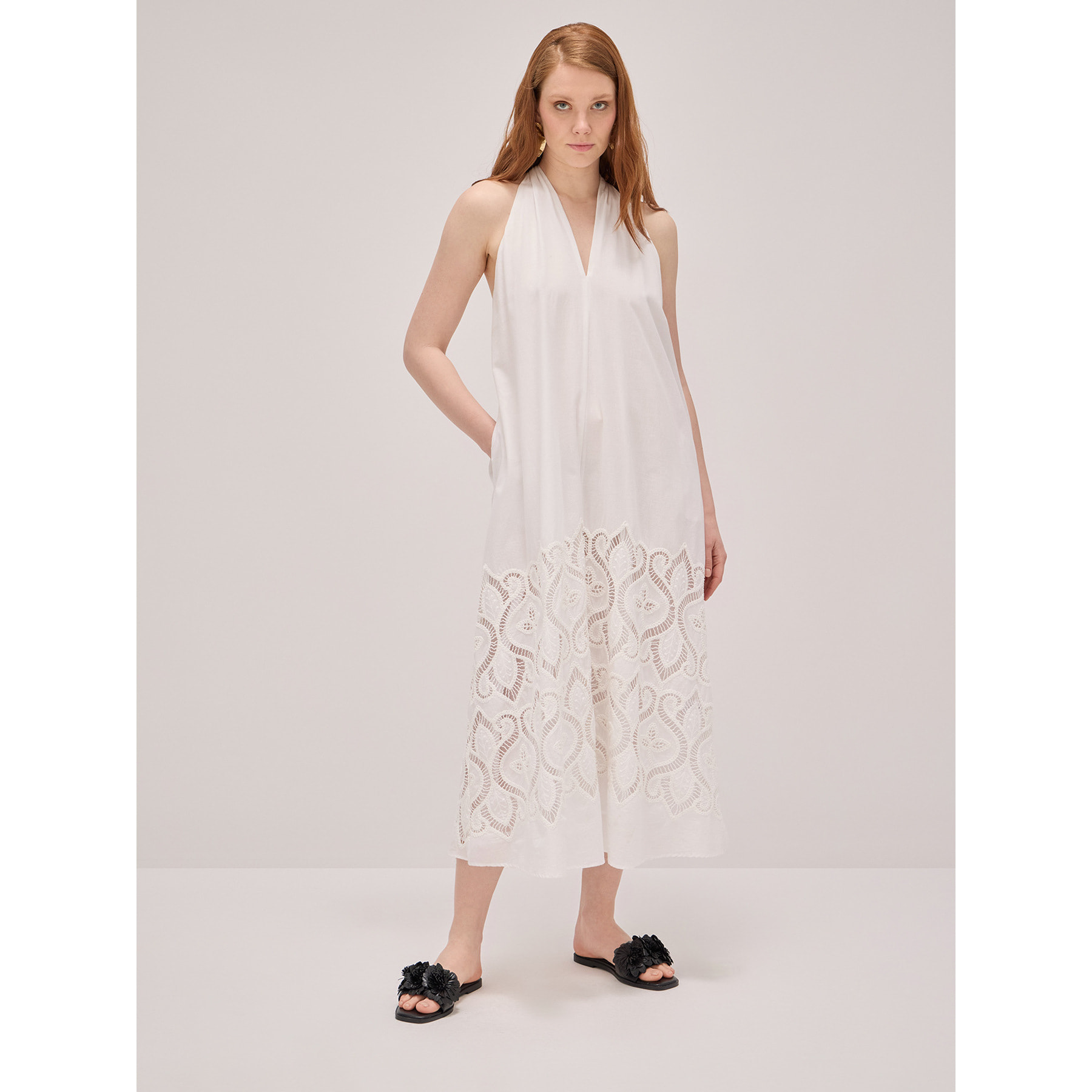 Oltre - Long cotton dress with crochet embroidery - Blanco