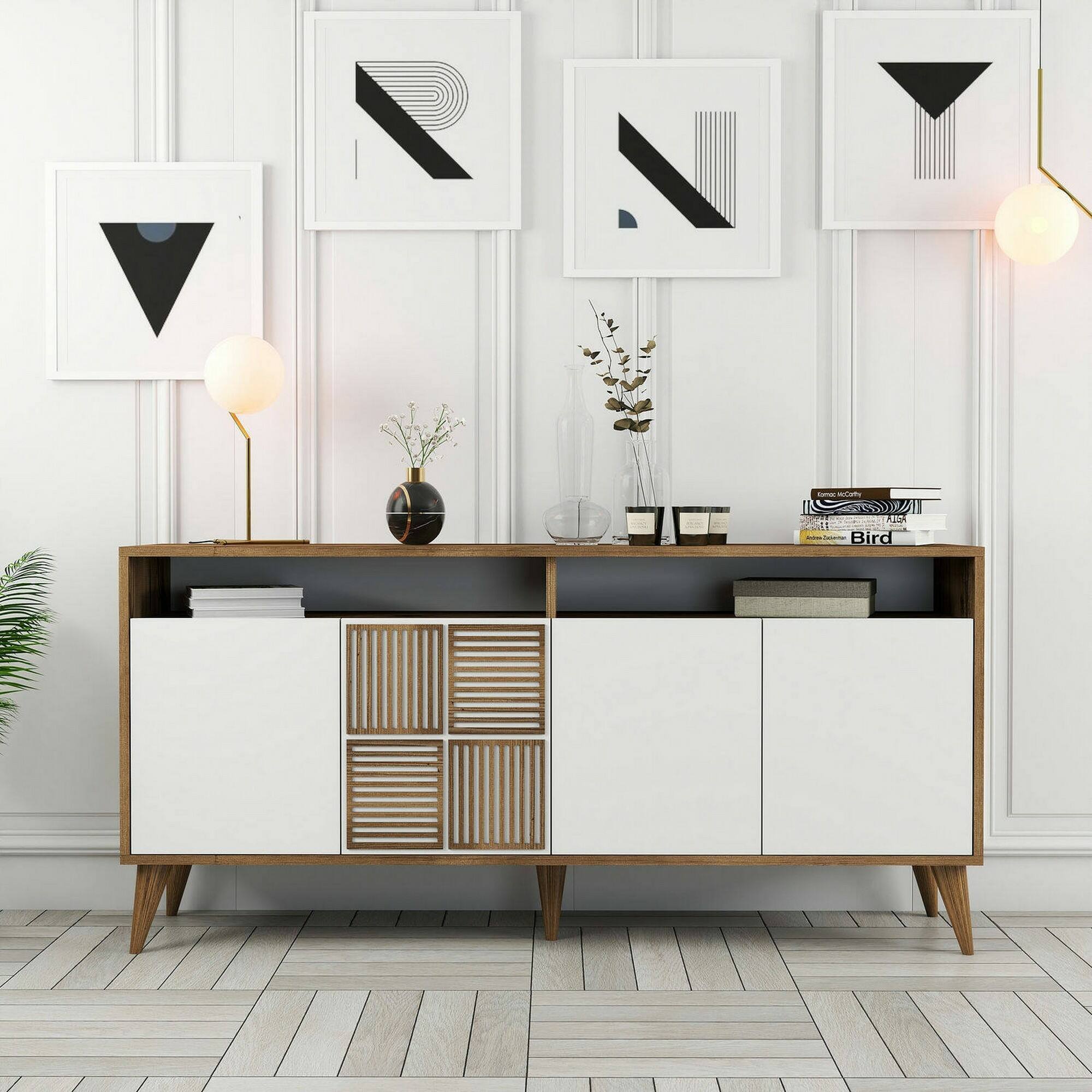 Consolle Garigliano, Credenza da soggiorno, Armadio basso per TV, Base parete attrezzata, 160x35 h79 cm, Noce e Bianco