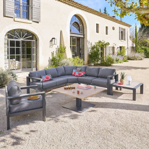 Salon d'angle de jardin "Évasion" graphite & honey 5 places en oléfine et aluminium