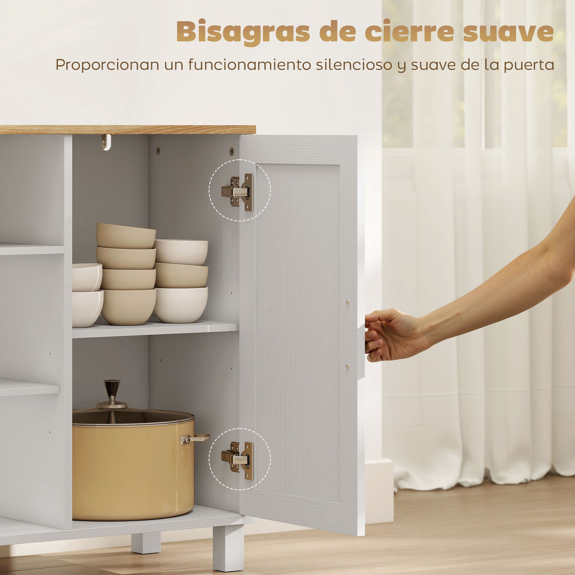 Aparador de 3 Puertas de Cierre Suave, Aparador de Salón con Estantes Ajustables, Compartimento Abierto, Patas de Madera, para Cocina, Entrada, Dormitorio, Blanco, 110x33x75 cm