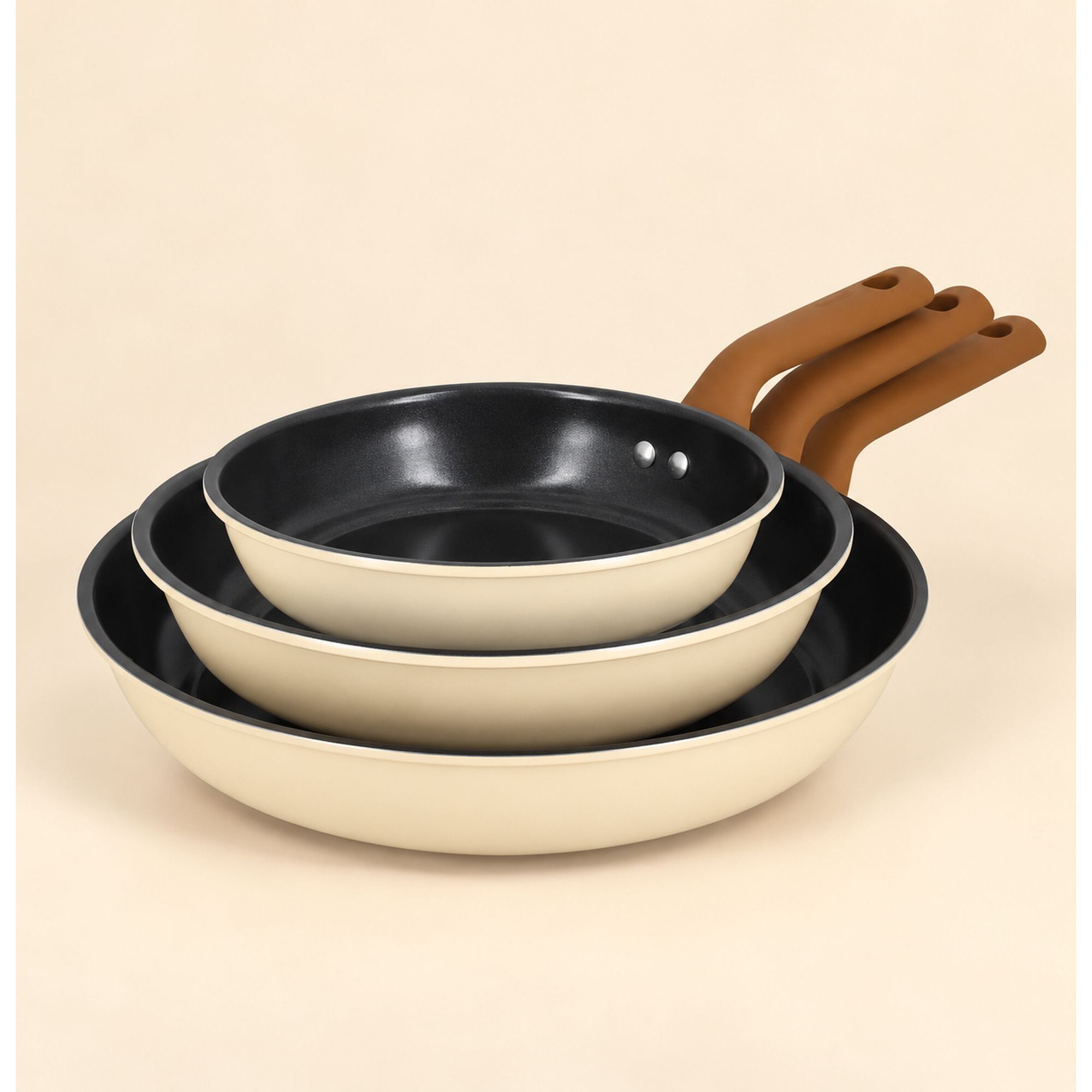 Set de 3 poêles avec revêtement céramique en acier carbone beige  PRATICOOK