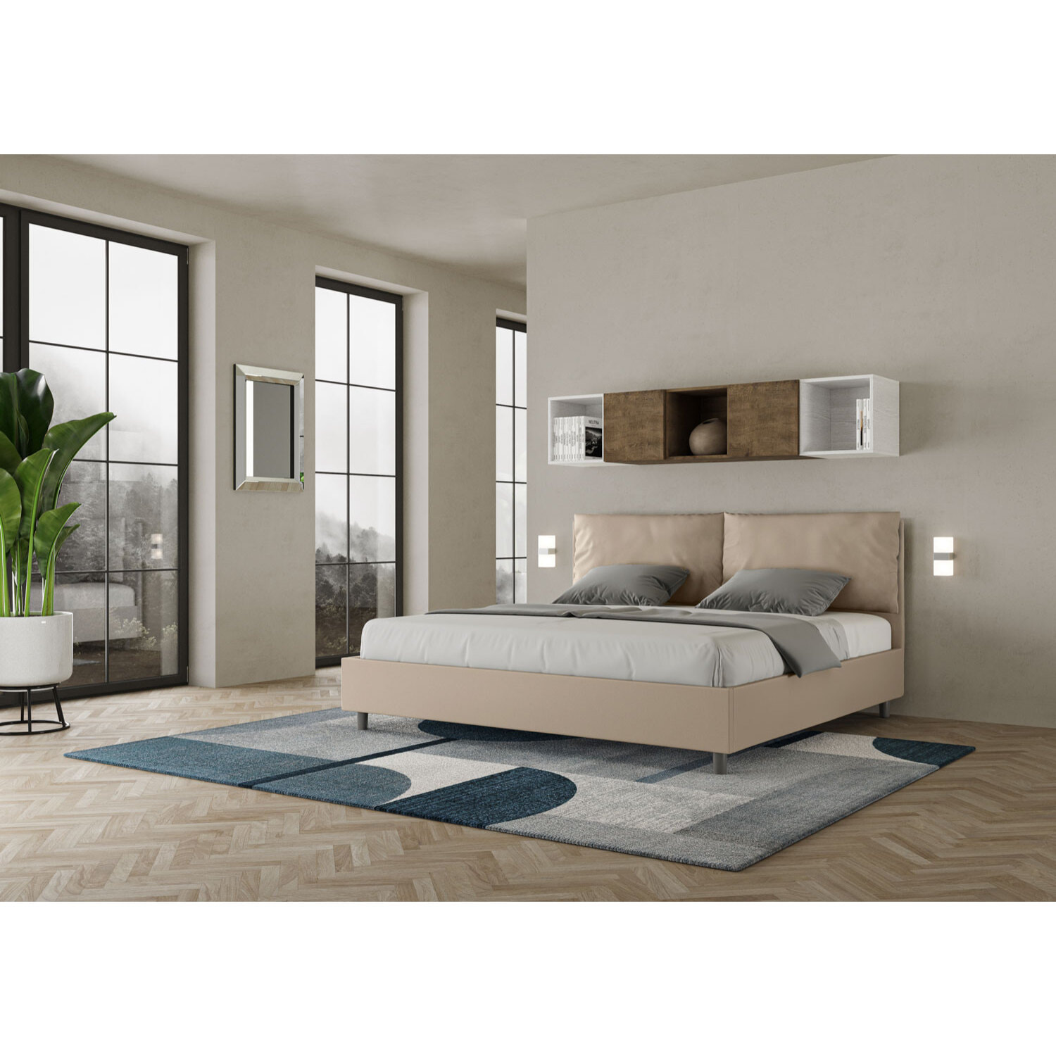 Lit king size sans sommier rembourré 200x200 similicuir taupe Antea Large