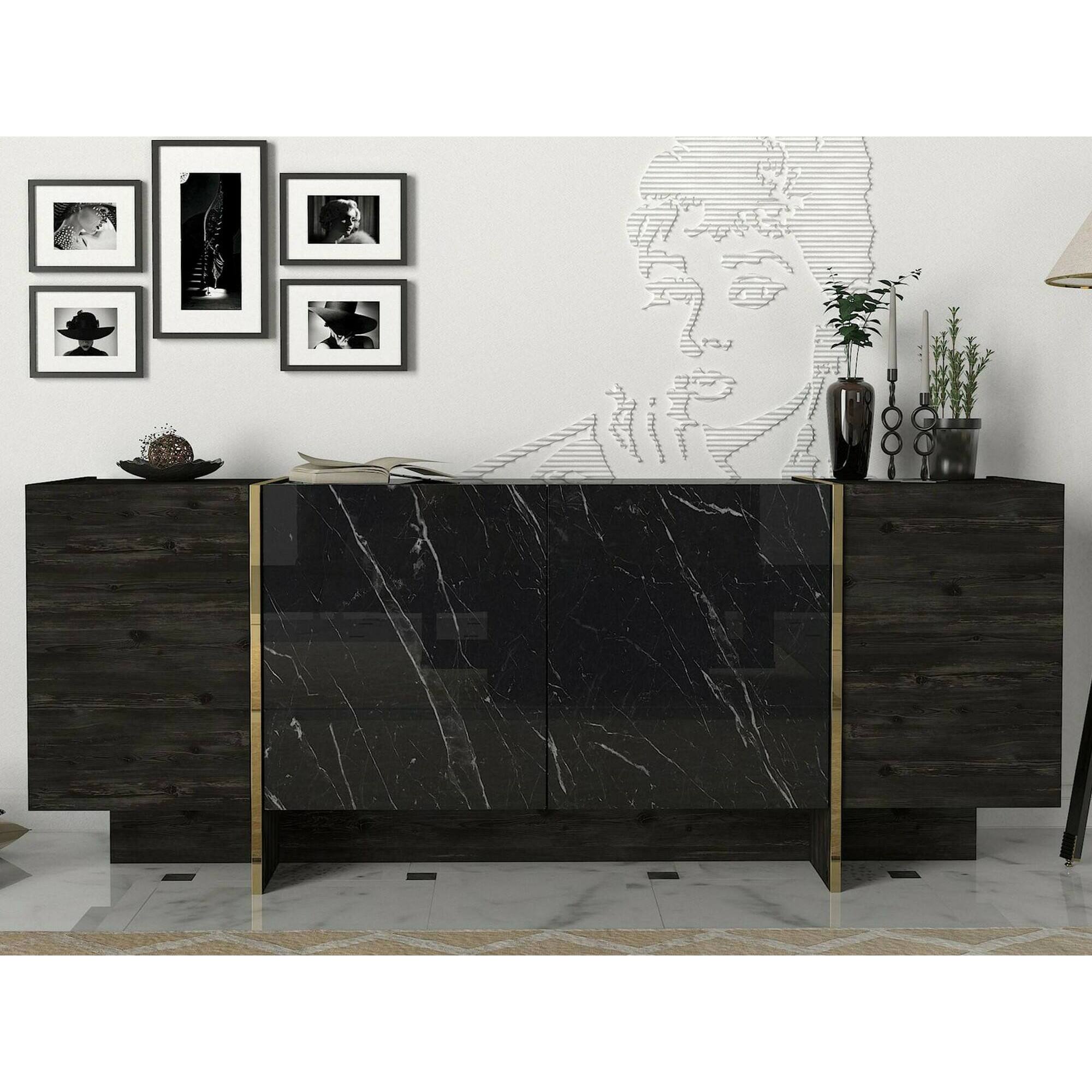 Credenza Dpazzagl, Buffet da soggiorno, Madia da salotto, Dispensa da cucina, 180x47h76 cm, Nero e Oro