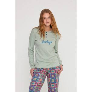 Pigiama donna folk in caldo cotone con collo a tre bottoni Noidinotte