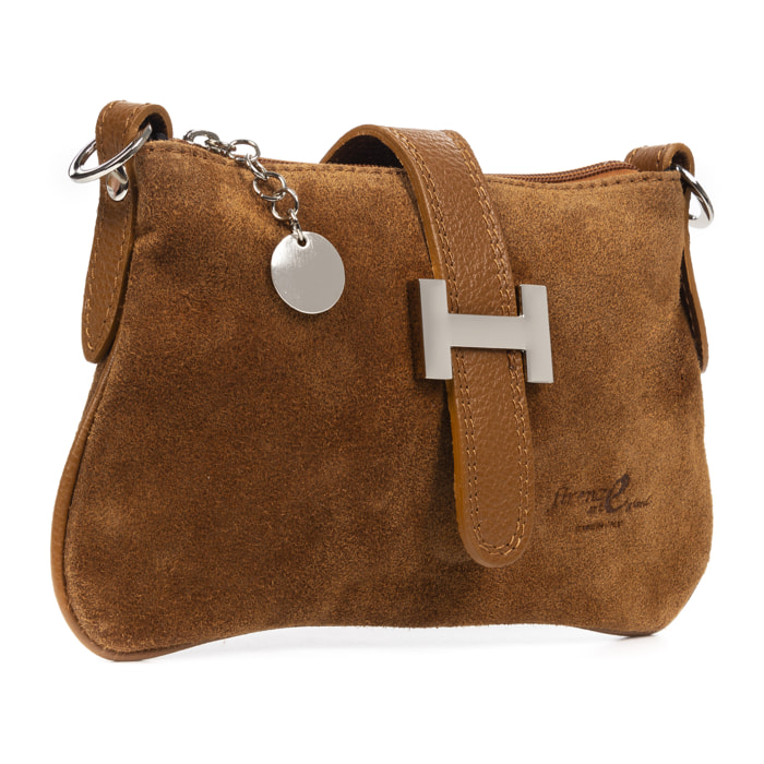 FIRENZE ARTEGIANI Borsa a Mano da Donna Allerona. Vera Pelle Dollaro Camoscio Made in Italy 24x2x14 Cm. colore marrone