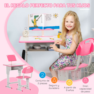 Juego de Escritorio y Silla para Niños de 6-12 Años Pupitre Infantil Altura Ajustable con 1 Cajón 1 Ranura para Lápiz y 1 Estante para Libros Acero 60x45x90-102 cm Rosa