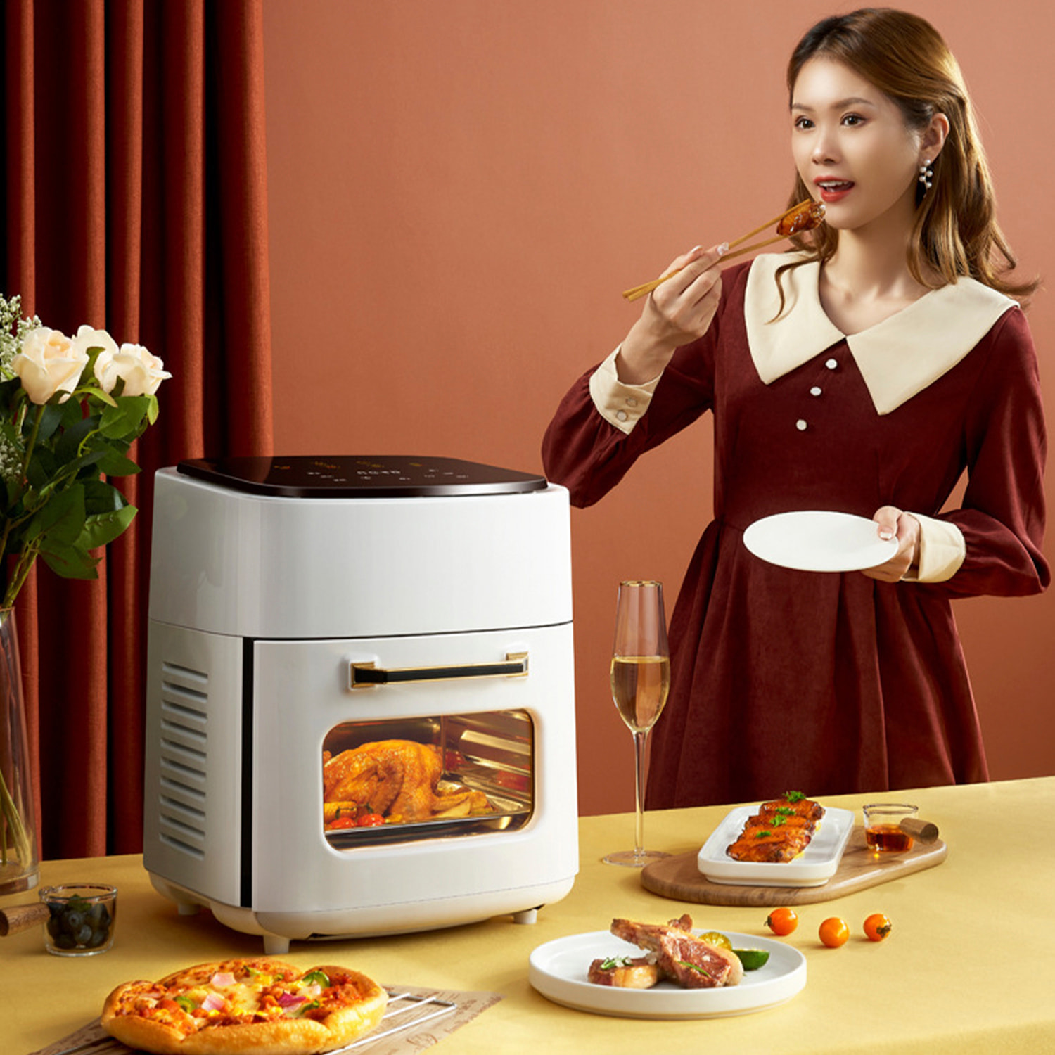 Friggitrice ad aria 2 in 1 con forno. 15L, 1800W. Pannello touch, riscaldamento 3D, griglia in acciaio inossidabile antiaderente. PRODOTTO CON IMBALLAGGIO DANNI.