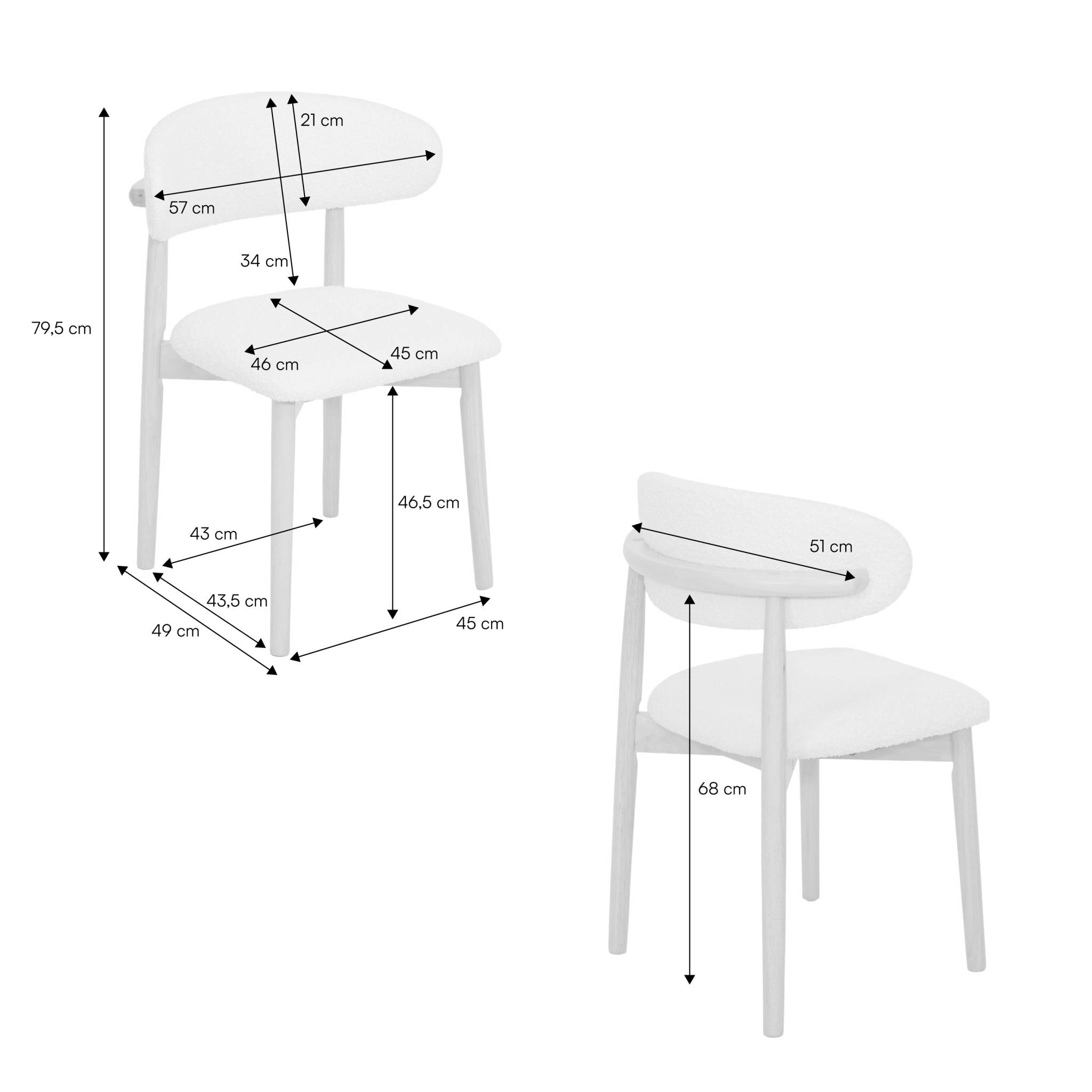 Chaise bois d'hévéa et tissu bouclette (lot de 2)  PAOLA