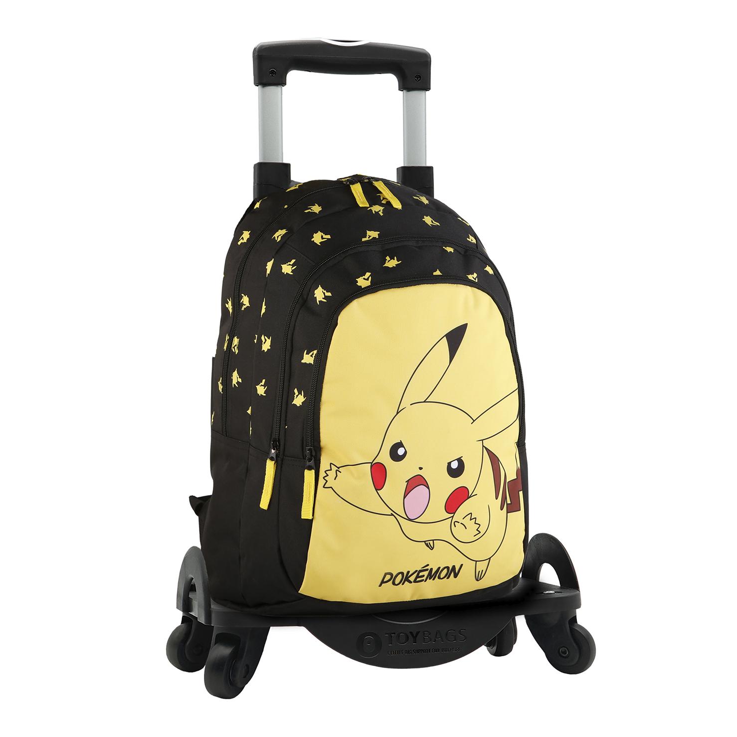 Pokemon Pikachu mochila primaria doble compartimento + carro con protección lateral y stoper frontal, 4 ruedas multidireccionales.