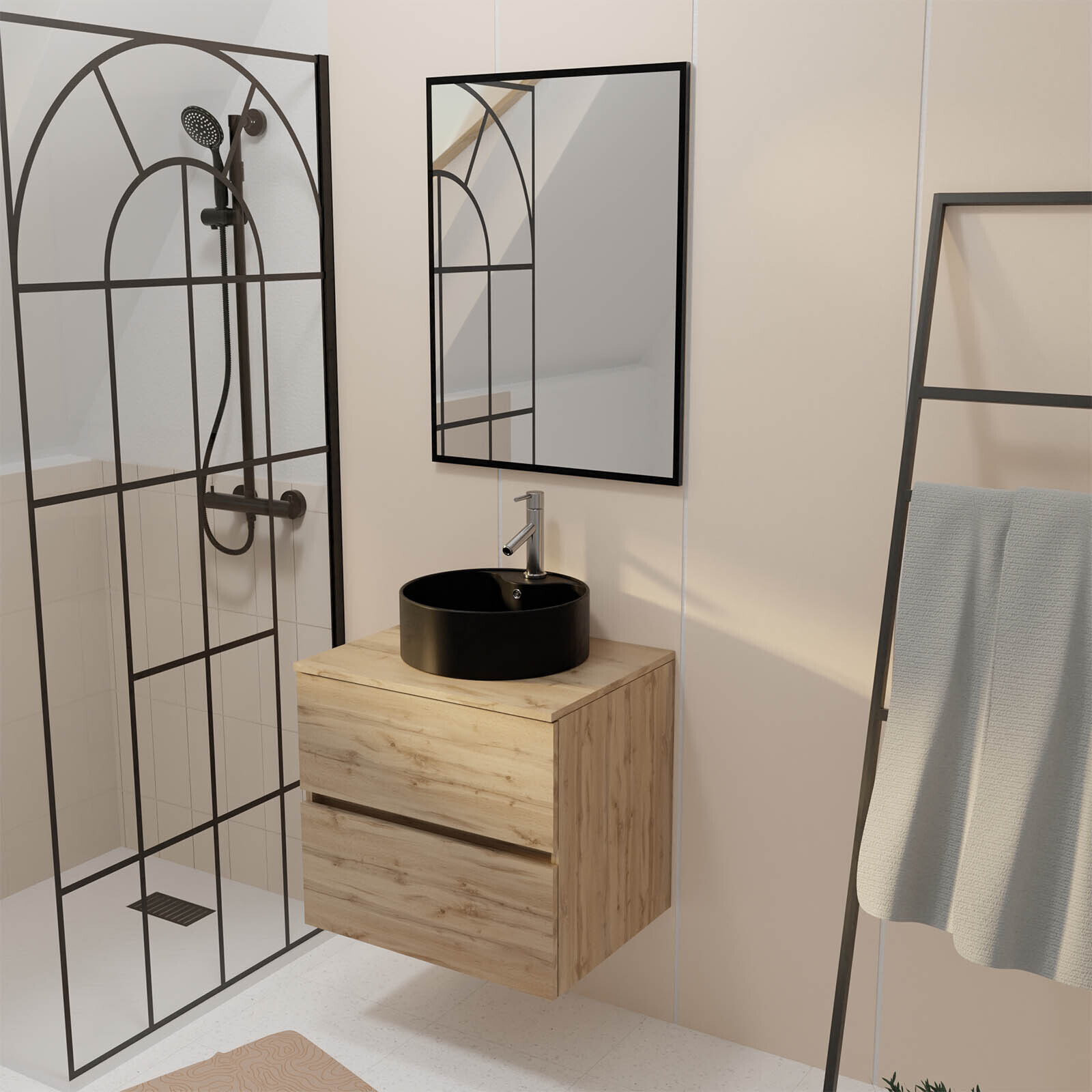 Meuble Salle de Bains 60cm 2 Tiroirs Chêne Naturel + Vasque Noire Ø41cm et Miroir 60x80cm