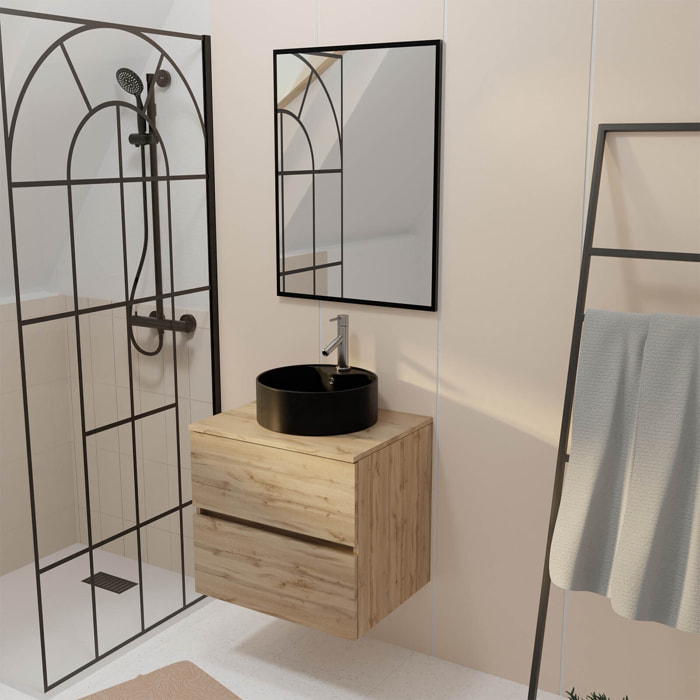 Meuble Salle de Bains 60cm 2 Tiroirs Chêne Naturel + Vasque Noire Ø41cm et Miroir 60x80cm