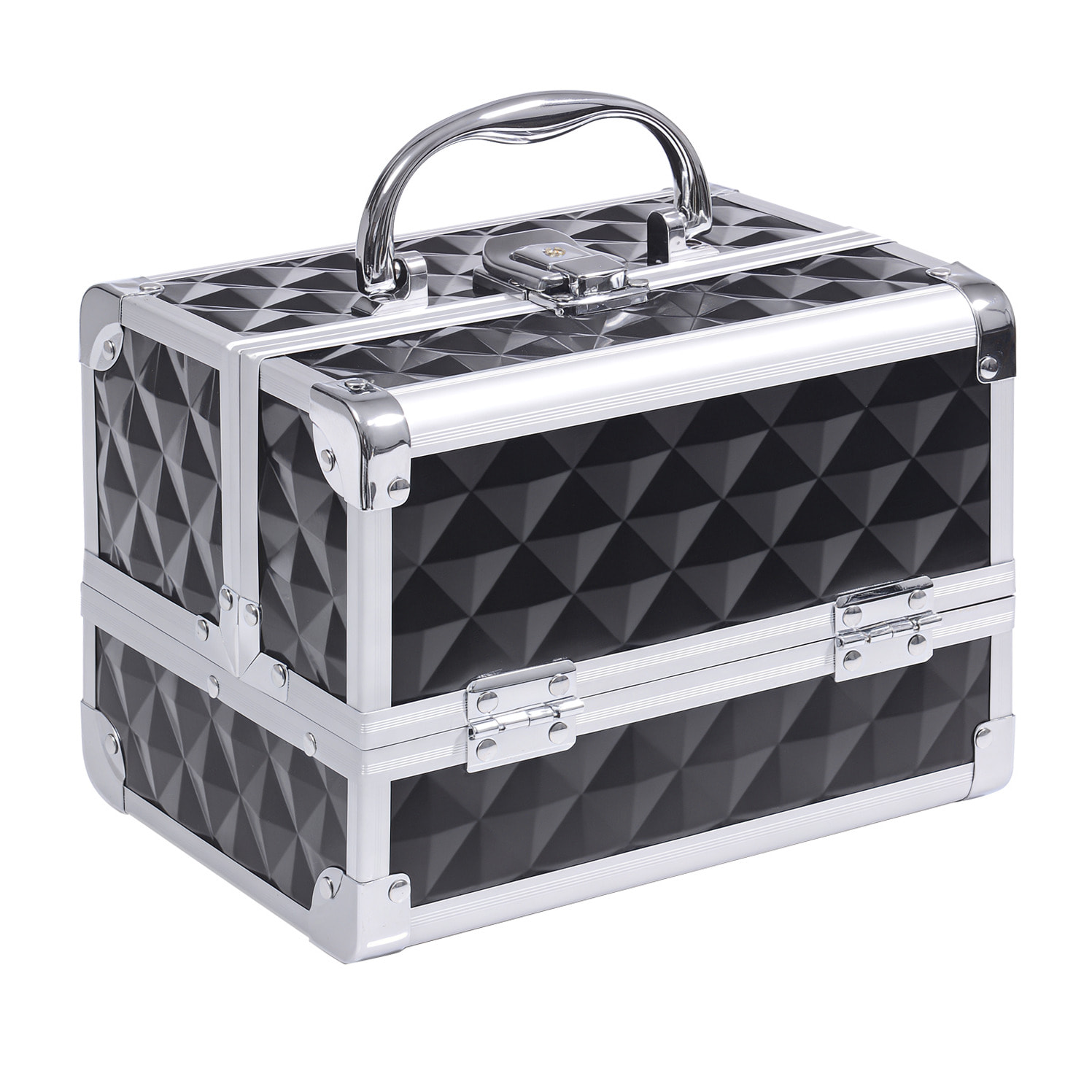 Maletín de Maquillaje Organizador Cosméticos Profesional Estuche de Maquillaje Caja de Belleza Portátil Con Espejo Cerradura Varios Compartimientos 20x15x15cm Aluminio Negro