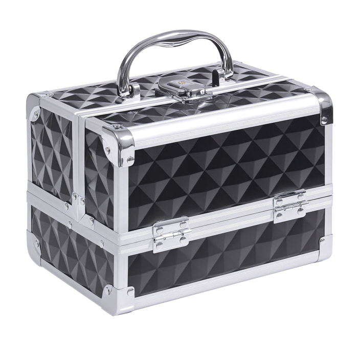 Maletín de Maquillaje Organizador Cosméticos Profesional Estuche de Maquillaje Caja de Belleza Portátil Con Espejo Cerradura Varios Compartimientos 20x15x15cm Aluminio Negro