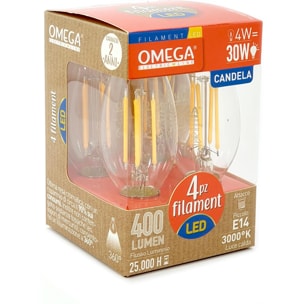 OMEGA Set 4 Pezzi Candela Filament LED C35 4W