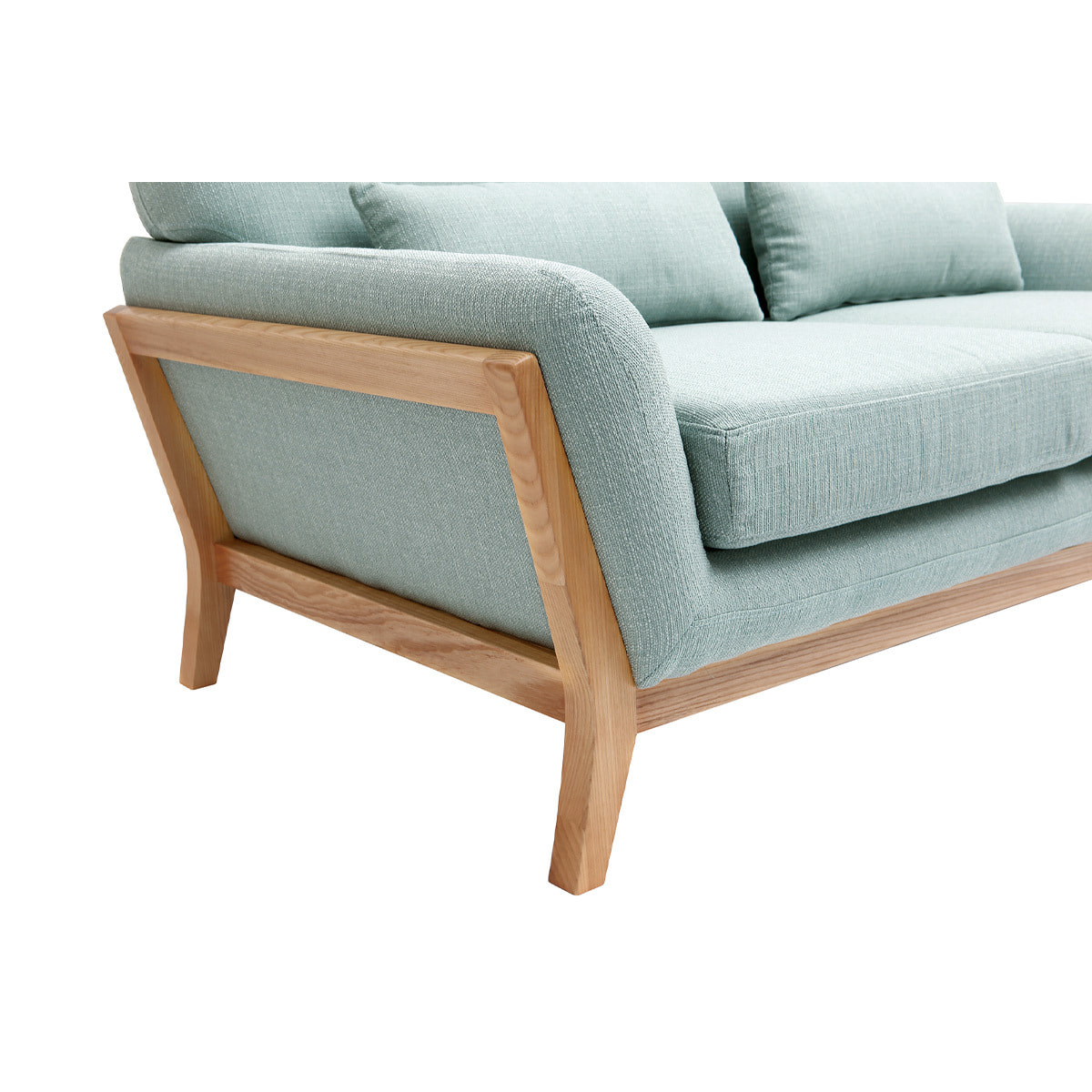 Canapé scandinave 2 places en tissu vert lagon et bois clair YOKO