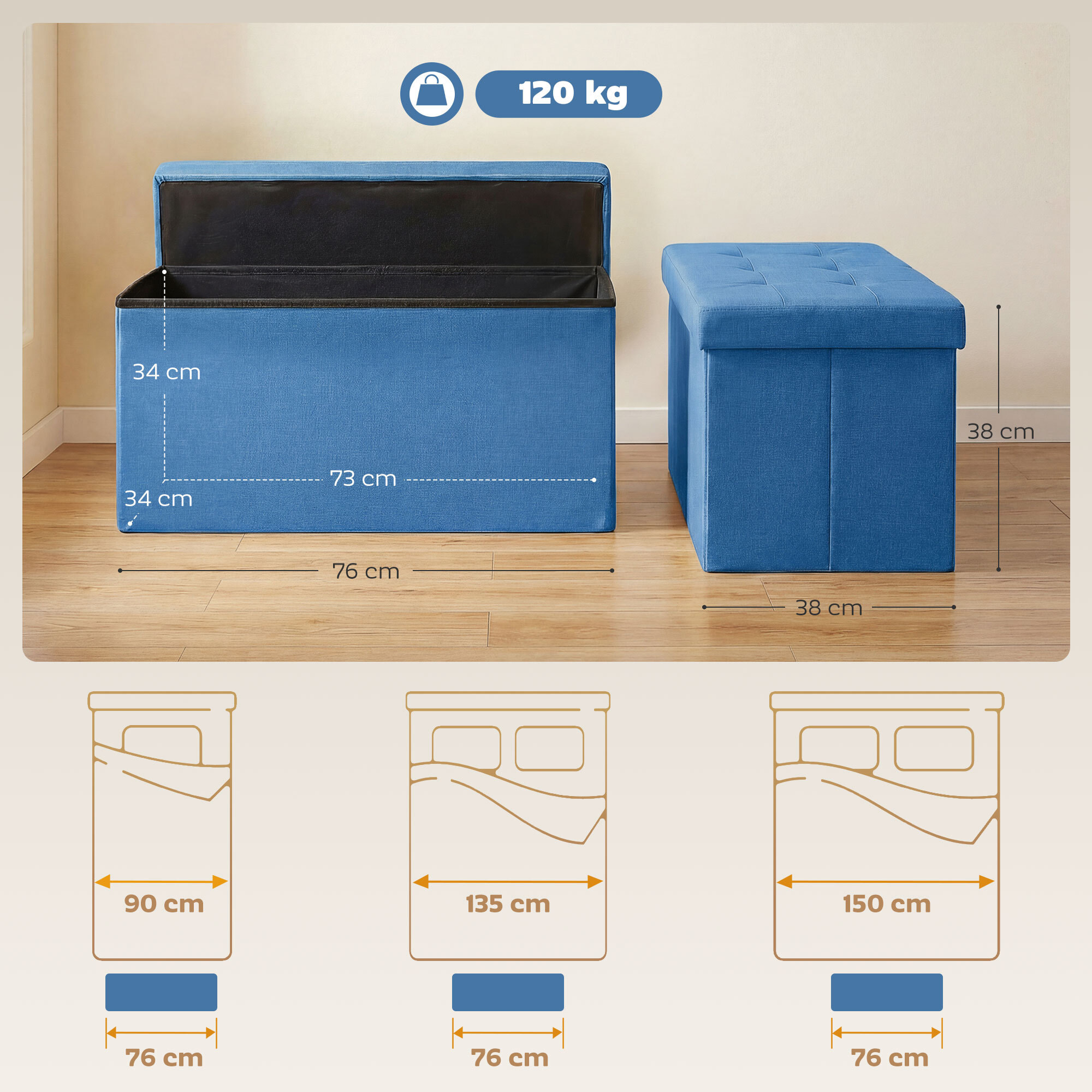 Puff Almacenaje, Banco Almacenaje Plegable, 84 L, 76x38x38 cm, Tapizado en Lino Sintético, Baúl de Almacenamiento, Carga 120 kg, Taburete para Sala de Estar, Dormitorio, Entrada, Azul Claro