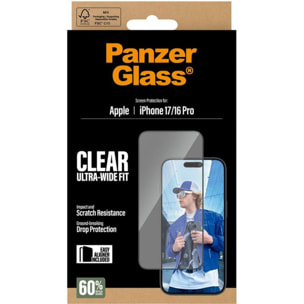 Protège écran PANZERGLASS iPhone 17 / 16 Pro verre trempé