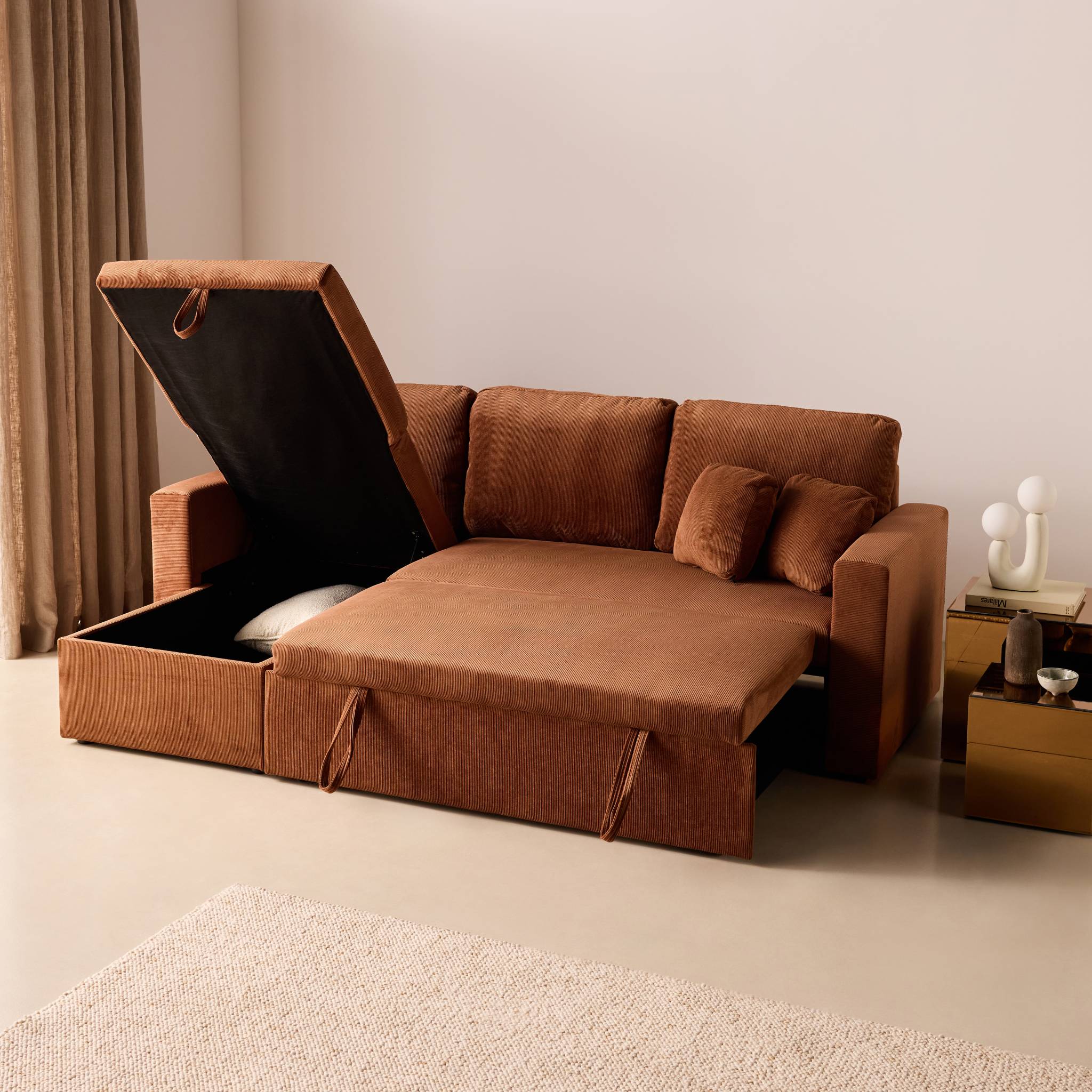 Canapé d'angle convertible réversible 3 places velours côtelé avec coffre IDA