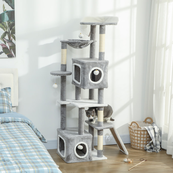 Arbre à chat design grande taille H.165cm équipements jeux multiples sisal naturel peluche gris blanc
