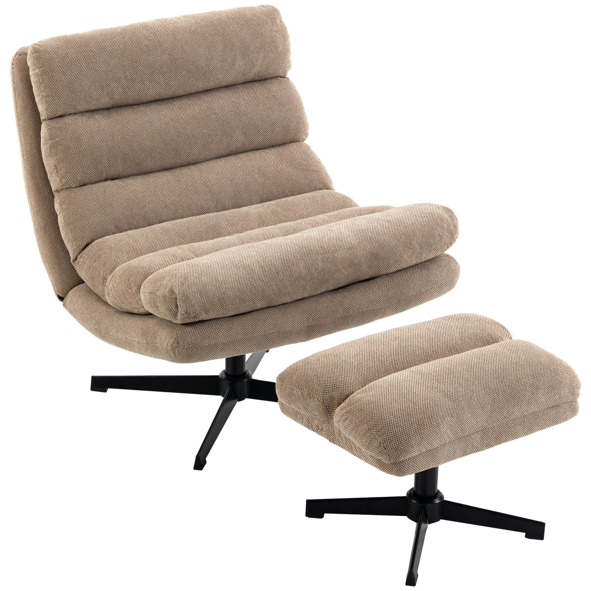 Fauteuil de salon et repose-pieds style rétro matelassé tissu toucher lin marron