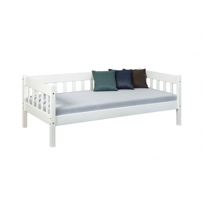 Divano letto singolo, in pino massello color bianco, cm 98x205x63, rete a doghe inclusa