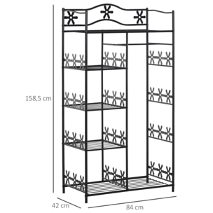 Armoire penderie multi-rangement - 5 étagères - dim. 84L x 42l x 158,5H cm - métal noir motif fleurs 2 rideaux blanc