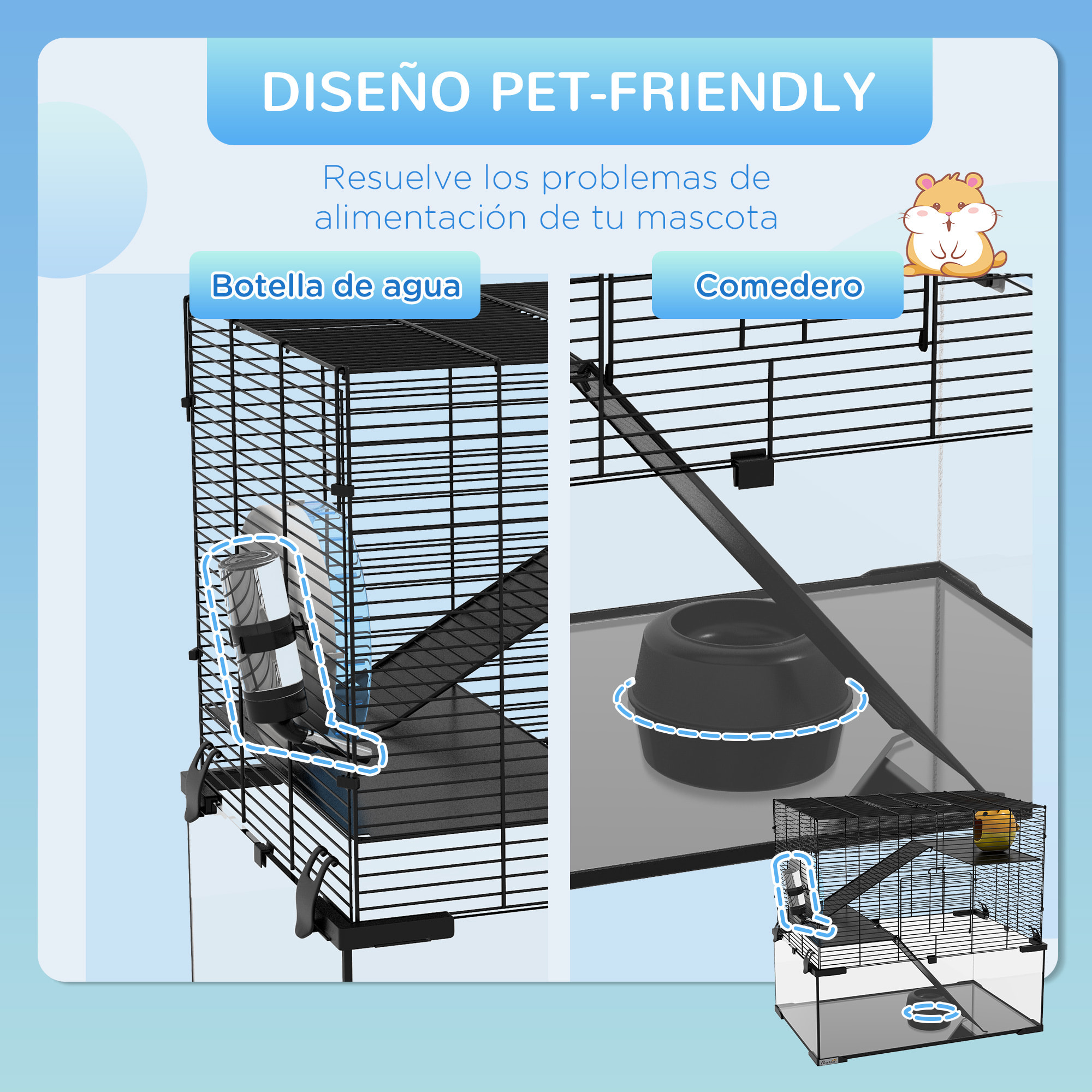 Jaula para Hámster Casa para Animales Pequeños con Fondo de Vidrio Plataformas Cuenco Bebedero Casita Rampas y Rueda de Ejercicio 60x40x54,5 cm Negro