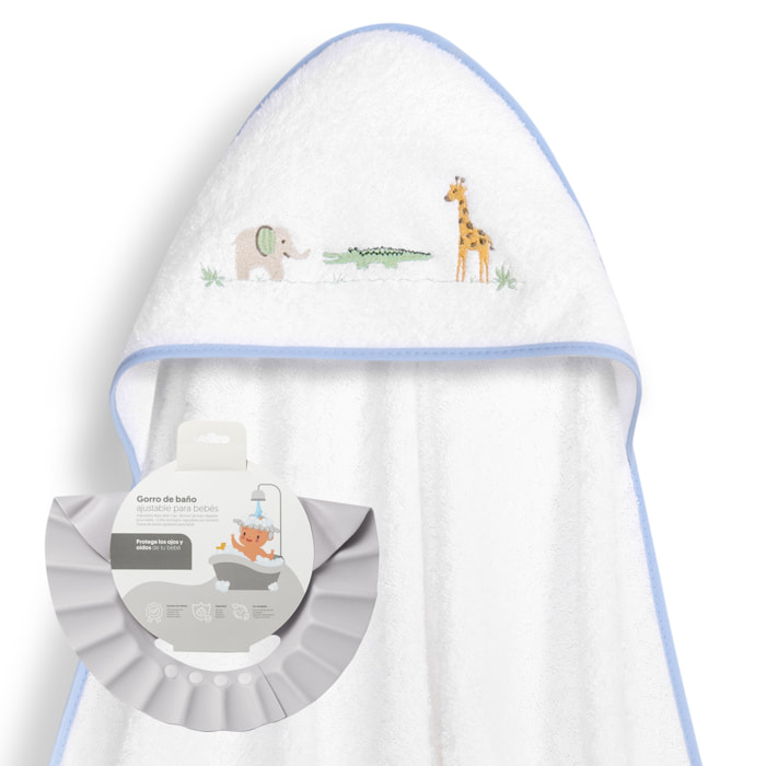 Capa Baño 1X1 Mod Savanna Bordado+ Gorro Bco/Azul