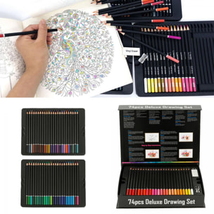 Set 74 lapices de colores DELUXE DRAWING con plantilla de dibujo y borrador.