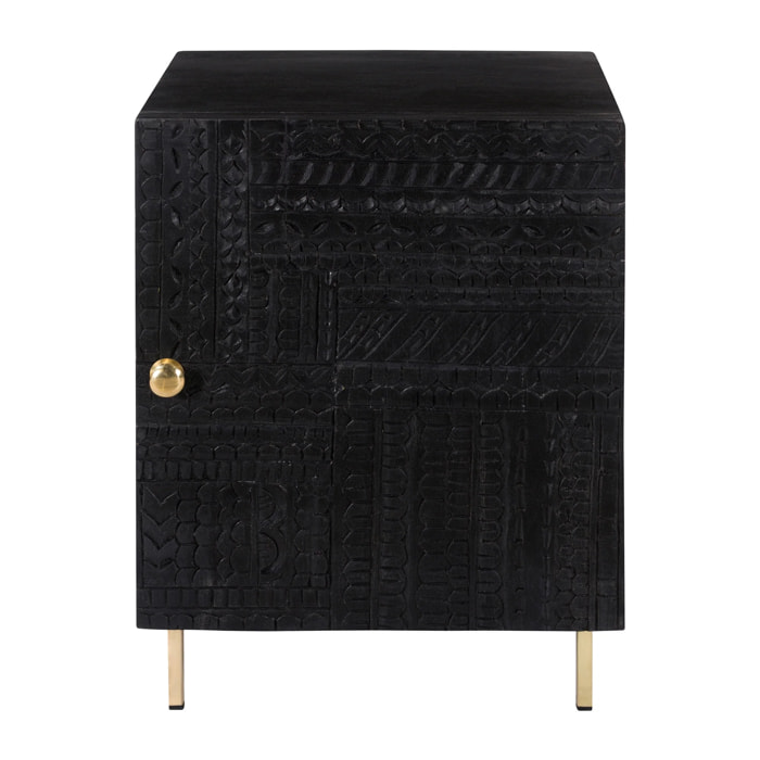 Chevet 1 porte en bois gravé noir et métal doré - Chimane