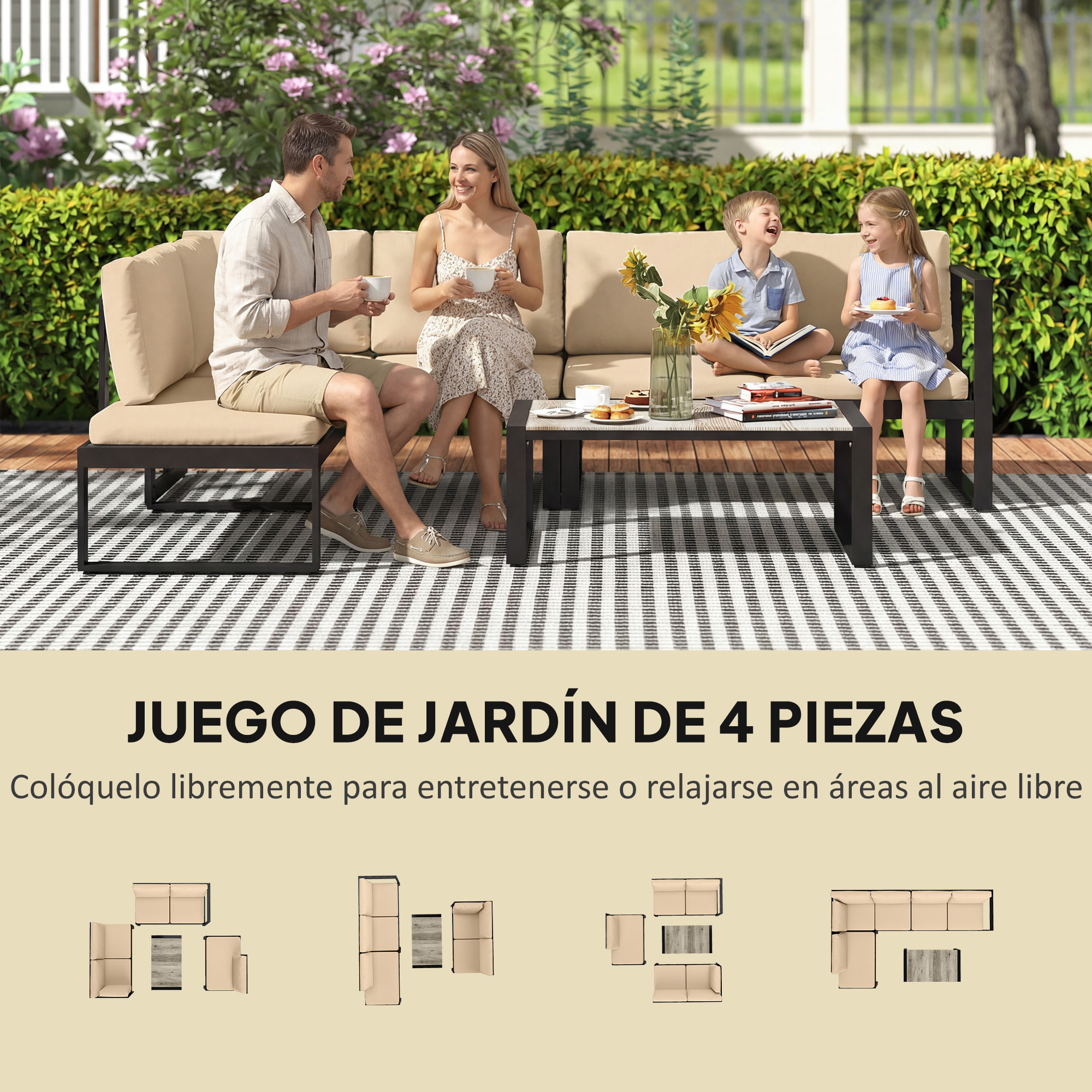 Conjunto de Jardín Exterior de 4 Piezas, Muebles Jardín Exterior con 2 Sofás de 2 Plazas, 1 Sillón sin Brazos y Mesa de Centro, Conjunto de Sofá con Estructura de Acero y Cojines, Caqui