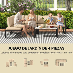 Conjunto de Jardín Exterior de 4 Piezas, Muebles Jardín Exterior con 2 Sofás de 2 Plazas, 1 Sillón sin Brazos y Mesa de Centro, Conjunto de Sofá con Estructura de Acero y Cojines, Caqui