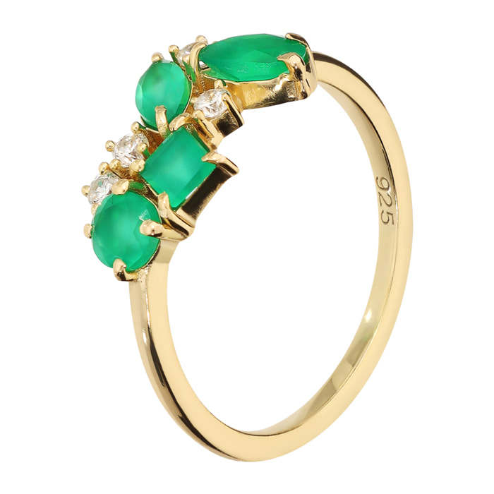 Anello in Argento 925 placcato Oro Giallo 18Kt con Onice Verde e Cubic Zirconia