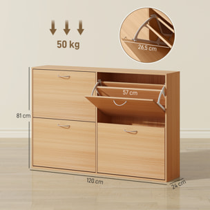 Zapatero Estrecho 4 Puertas, Zapatero Entrada Recibidor con Estantes Ajustables, para 16-24 Pares de Zapatos, para Pasillo, Espacios Reducidos, 120x24x81 cm, Natural