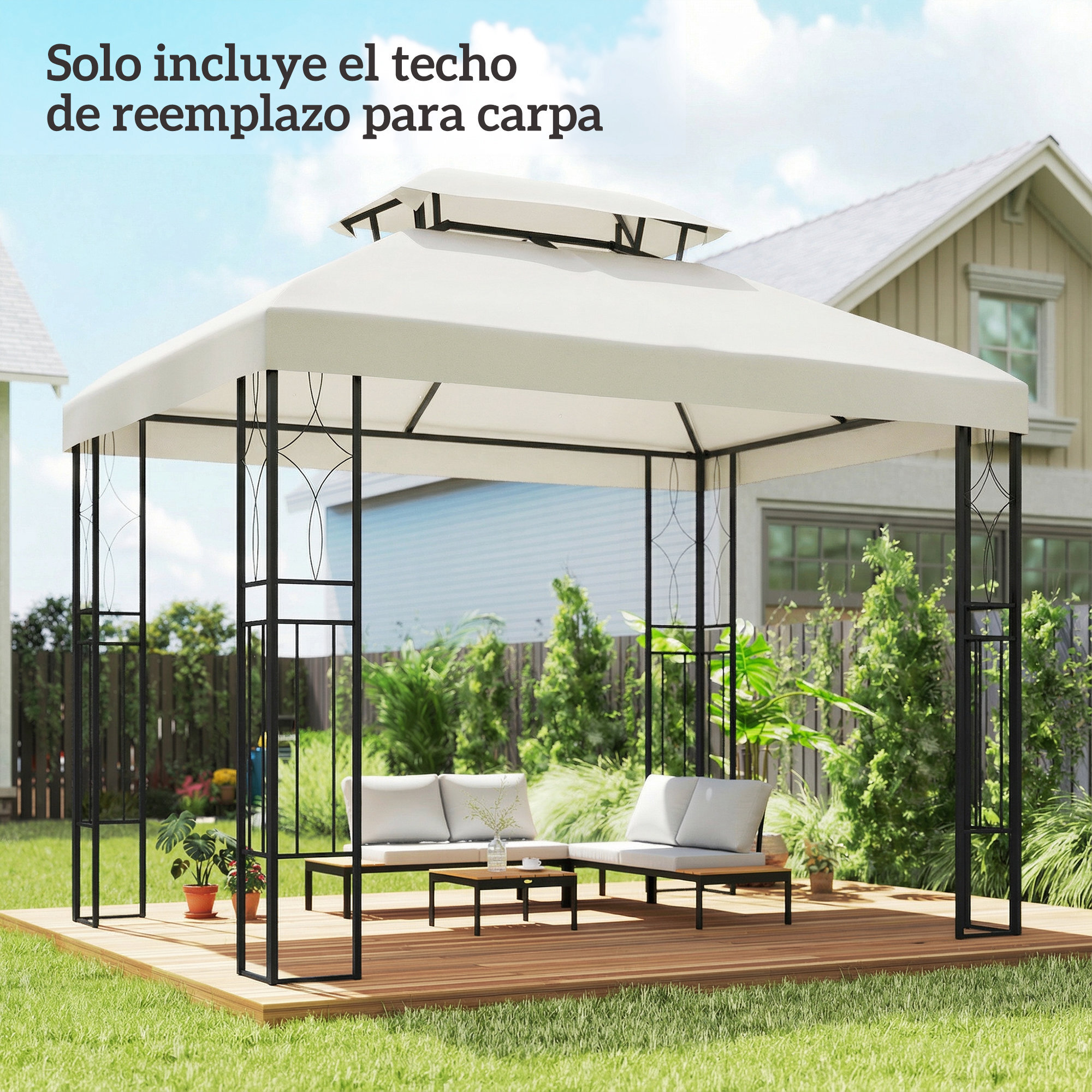Techo de Repuesto para Cenador, 4x3 m, Cubierta de Repuesto con Techo Doble, 10 Orificios de Drenaje y Protección UV, SOLO Toldo de Recambio para Pabellón Gazebo, Blanco Crema