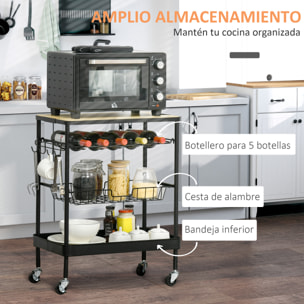 HOMCOM Carro de Cocina con Ruedas Carrito de Servicio Multiuso con Botellero Cesta Extraíble Bandeja y 4 Ganchos para Comedor Salón 60,5x35,5x75 cm Negro y Roble