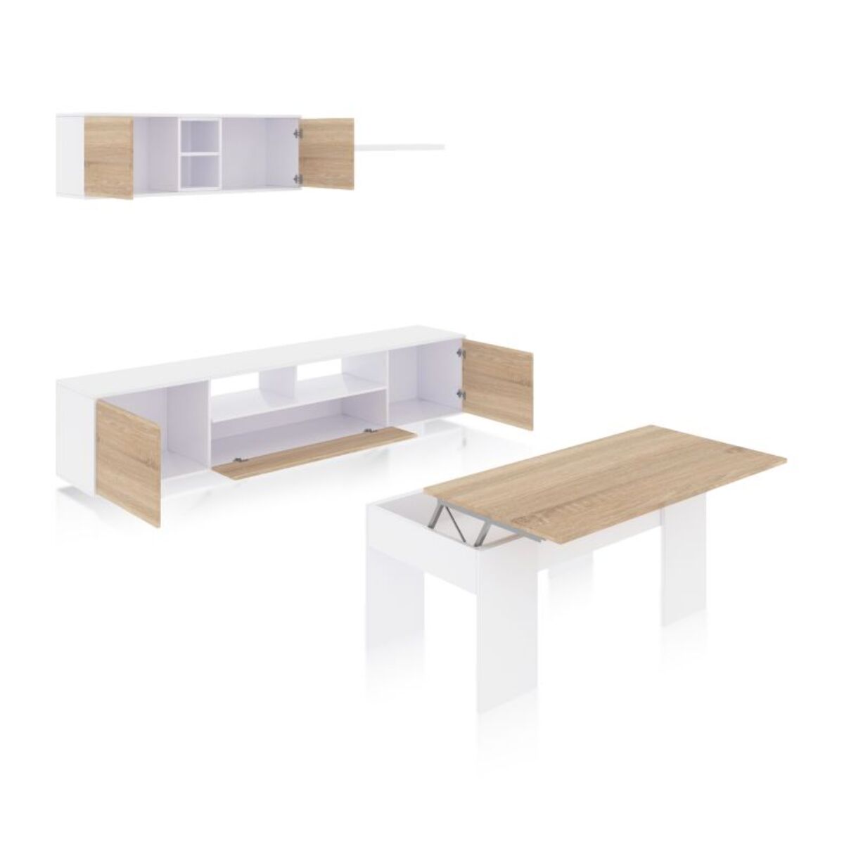 Pack salón con mesa de centro Kenzo Plus V2 Blanco Brillo - Roble Canadian